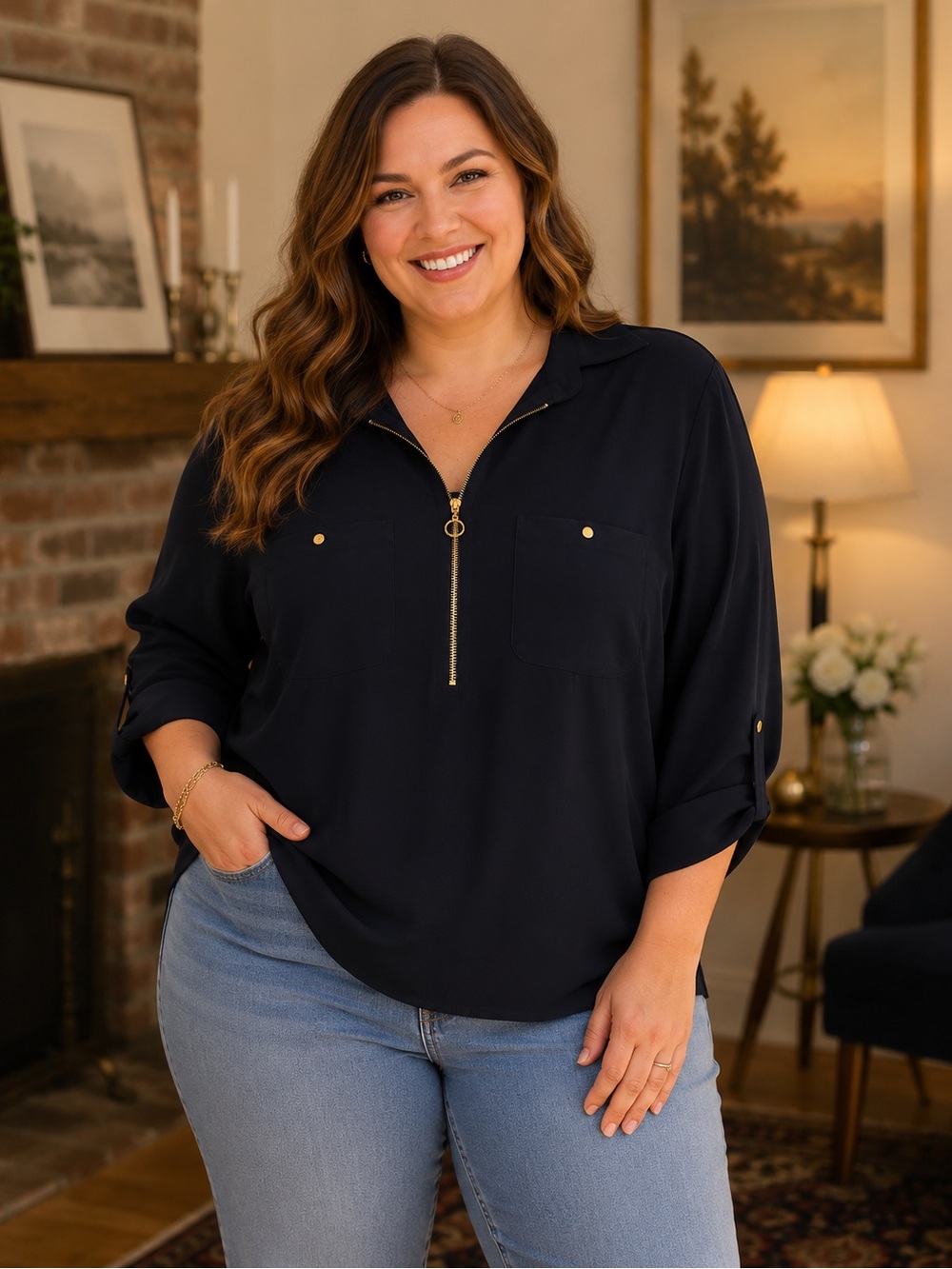 Grace Navy Night Zip Front Blouse Gold Accent Stretch Top Size 1X NWT